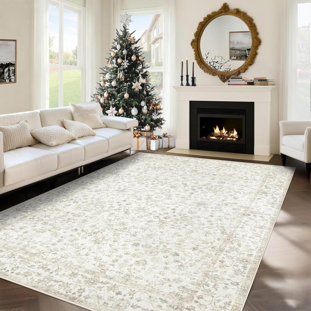 Rugs 8x3 Living Room Rug, Washable Vintage Boho Floral Rugs Non Slip Soft Low Pile Distressed Rug Stain Resistant Indoor Carpet for Bedroom Nursery Kitchen Dining Room Office Light Beige