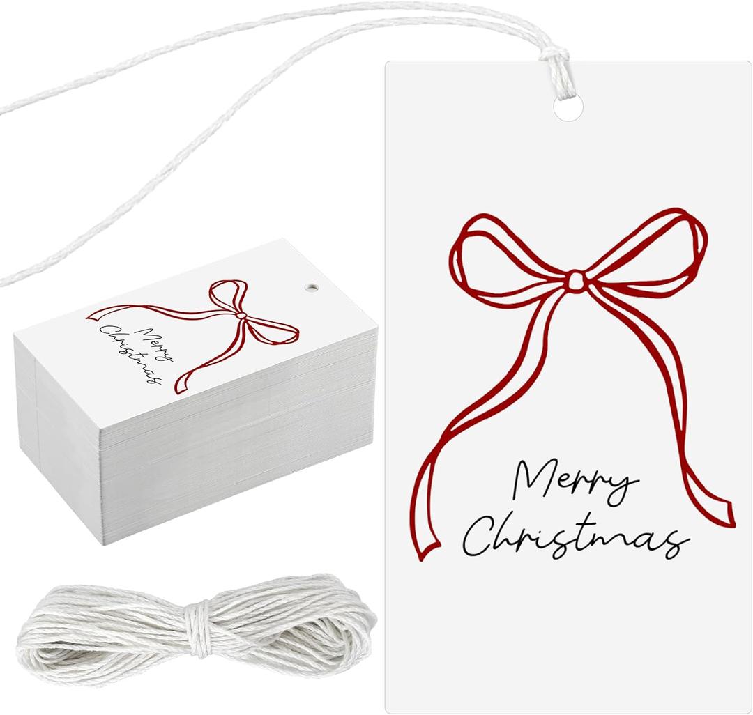 100 Pcs Christmas Presents Tags Red Color Bow Design Christmas Tags Xmas Bow Gift Labels with String for Presents Wrapping Paper Labels for Xmas Party Treat Cookie Decor