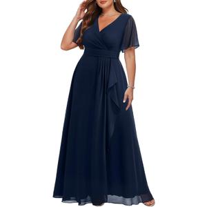 Talisea Plus Size Formal Dresses - Wedding Guest Bridesmaid Evening Prom Chiffon V Neck Ruffle Short Sleeves Long Dress Women, 16 Plus
