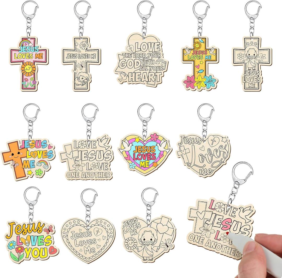 Trnayi 36 Pcs Christian Unfinished Crafts Color Your Own Jesus Loves Me Religious Keychains Wood DIY Coloring Crafts Gifts for Religious Painting DIY Arts Project Decoration