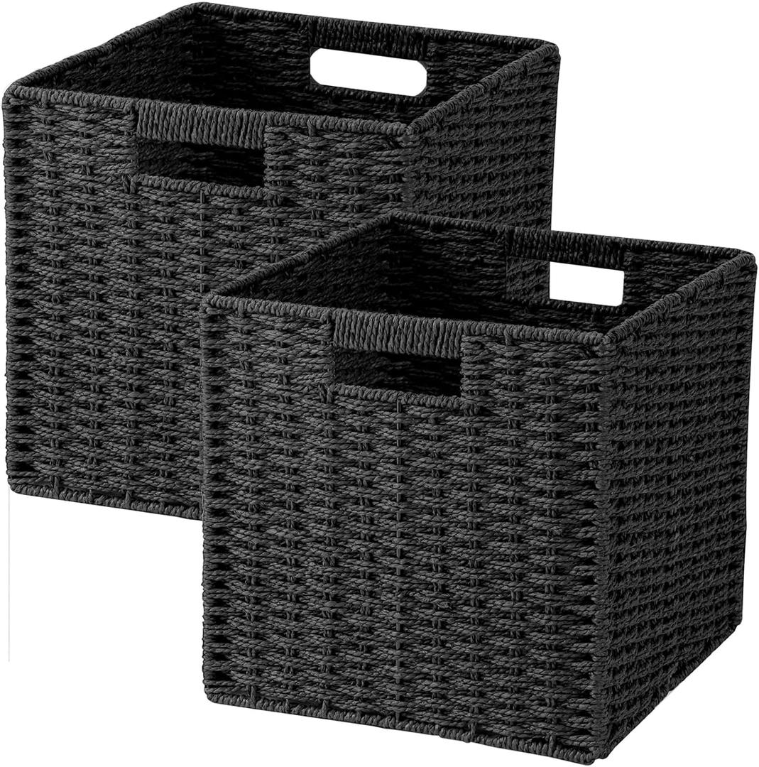 Woven Wicker Storage Baskets 2Pack, 11x11 Handwoven Paper Rope Organizer Bins, Foldable Cube Storage Cubes with Builtin Handles for Shelves and Closet Organization(Classic Black)