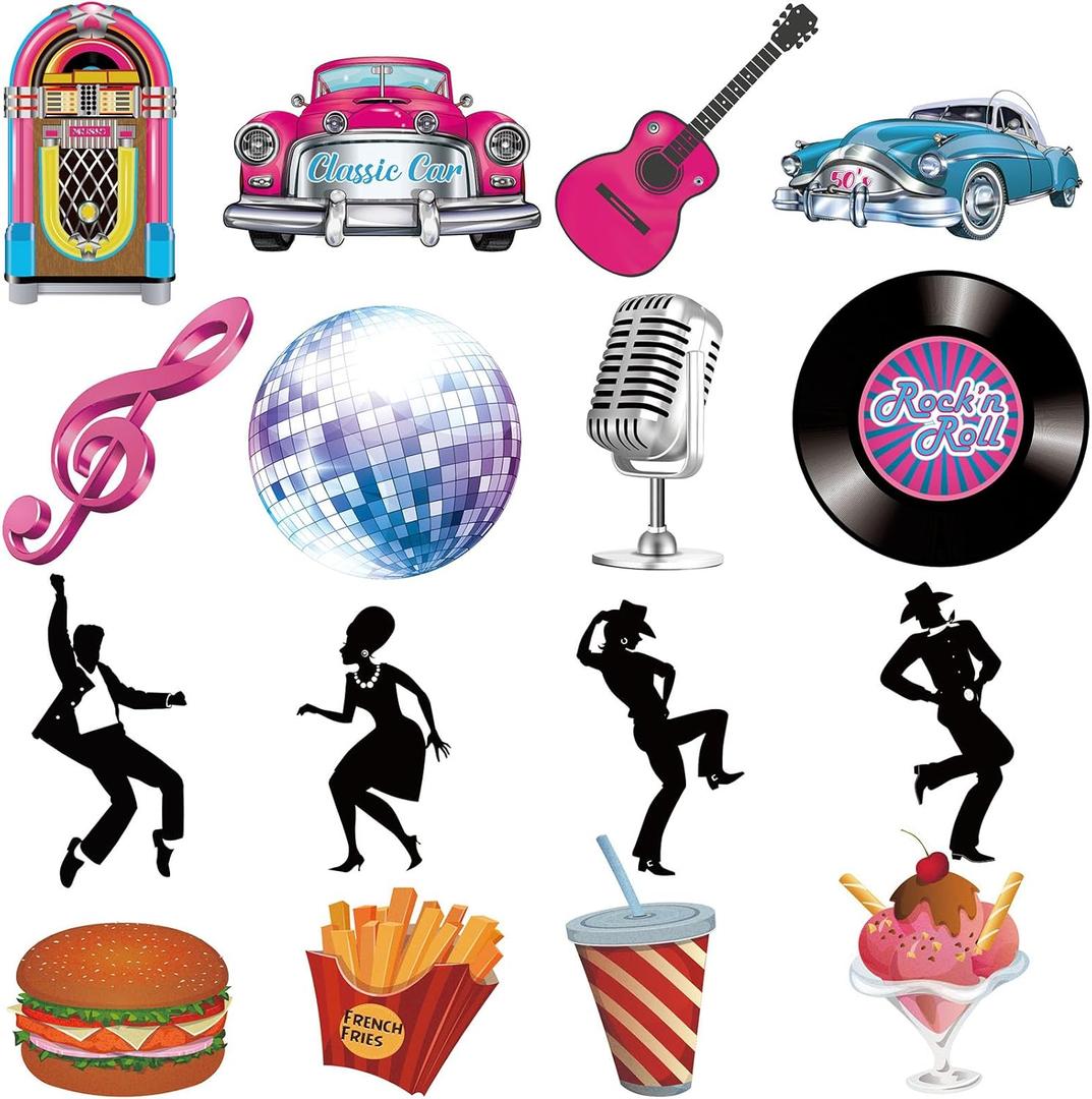 Eaasty 48 Pcs 50's Rock and Roll Party Decorations Retro Party Decoration 1950s Music Record Cutout Sock Hop Decorating Grease Theme Backdrop Birthday Favor for Bulletin Board Dance Decor, 16 Style