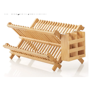HBlife Dish Rack, Bamboo Folding 2-Tier Collapsible Drainer Dish Drying Rack with Utensils Flatware Holder Set (Dish Rack with Utensil Holder)