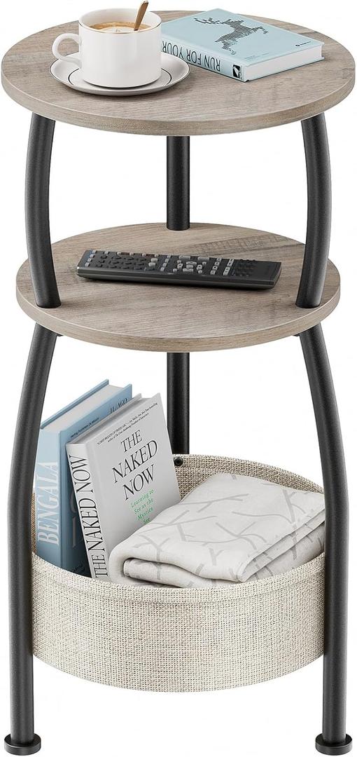 Round Side Table with Storage Basket Small Space Saving End Table 3-Tier Coffee Table Bedside Corner Stand for Living Room, Bedroom, Garden and More 24in Tall Greige (11.81" Dia)