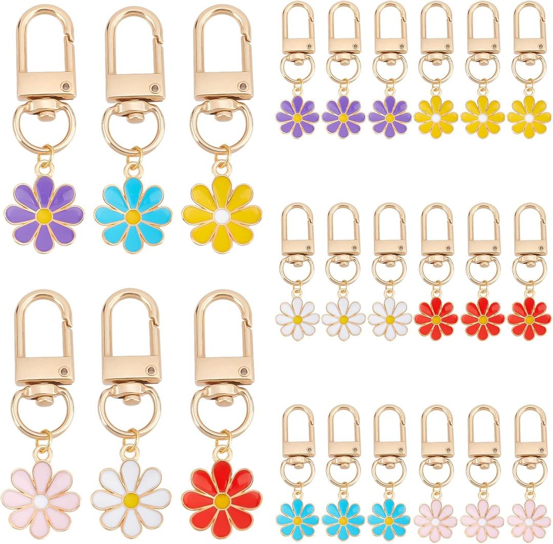 PH PandaHall 24pcs Flower Keychain, Daisy Enameled Charms Aesthetic Keychain Car Key Ring Pendant Key Chains for Mom Mother's Day, Handbag Bag, Earphone Case Decoration, Purse Accessories