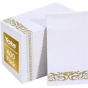 Vplus 600 Pack Paper Napkins Guest Towels Disposable Premium Quality 3-ply Dinner Napkins Disposable Soft, Absorbent, for Kitchen, Wedding, Parties, Dinners or Events(Gold)
