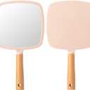 YEAKE Hand Held Mirror with Handle for Makeup,Small Cute Wood Hand Mirror for Shaving with Hole Hanging Single-Sided Portable Travel Vanity Mirror for Men&Women(Square,Pink,1Pack)