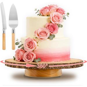 Rotating Cake Stand,12" Rustic Wood Cake Stand with Cake Cutting Set,Rustic Cake Holder for Party/Wedding/Birthday/Reception Event/Rotating Cake Display Stand
