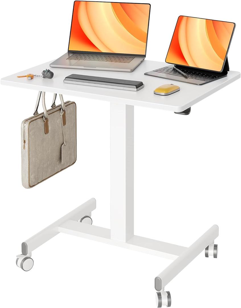Claiks Mobile Standing Desk, Small Rolling Standing Desk, Mobile Desk Workstation with Wheels, Pneumatic Mobile Laptop Desk for Home Office with Hook, White
