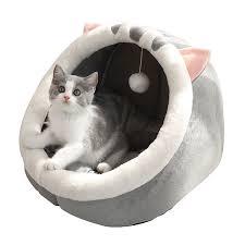 Cozy Cat Cave Pet Bed, Gray and White, 3, Indoor Cat House with Hanging Toy Ball, Soft Plush Cat Dome Bed for Small to Large Cats