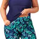 Daci Womens Plus Size Tankini Swimsuits - Tummy Control Two Piece Bathing Suits with Knee Length Shorts 2025 (Navy Leaves), 20W