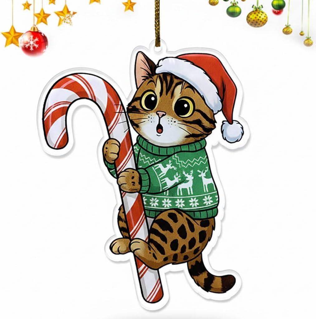 Bengal Cat Ornament | Hugging Candy Cane 2D Flat Acrylic Ornament - Cute Christmas Tree Decoration, Cat Lover Gifts 2025