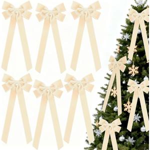 6Pcs Large Beige Bows Christmas Decorations, Boho Velvet Bows for Christmas Tree Outside Decorating, Premade Decorative Ribbon with Twist Tie for Wreath Garland Staircase Front Door 6.9*23.6"