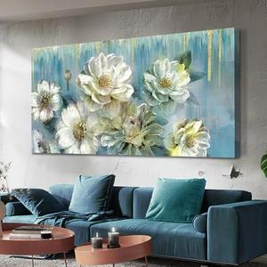 Ardemy Flowers Teal Wall Art Canvas Magnolia White Floral Picture Textured Painting Modern Turquoise Artwork Framed for Living Room Bathroom Bedroom Dining Room Home Office Wall Decor, Large 40"x20"