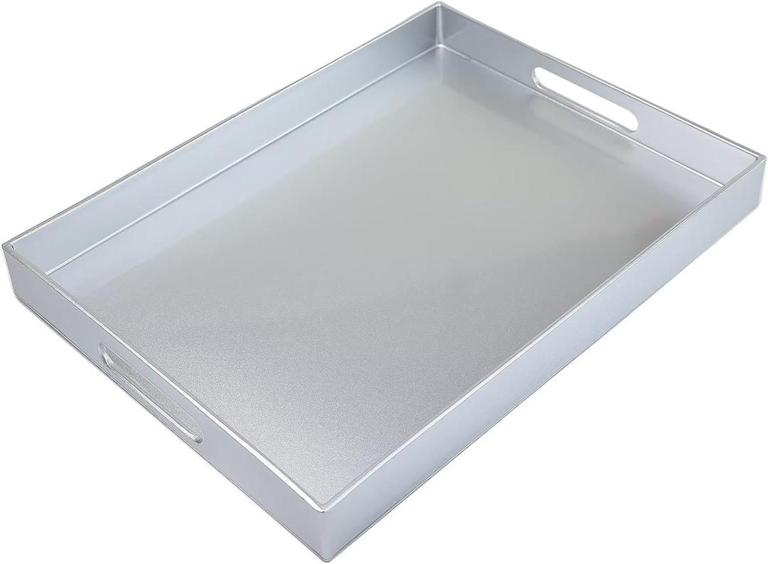 Spsyrine Silver Plastic Serving Tray for Ottoman, Coffee Table, Rectangle Decorative Tray for Entertaining, Outdoor, Living Room, Home Decor (11.8" x 15.7" x 1.6")