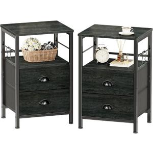 Furologee Nightstands Set 2, Night Stand with 2 Fabric Drawers, Bedside Tables with Open Shelf, Wooden Top, Hooks, Backboard Design, Metal Frame, End Tables for Bedroom/Living Room/Study/Black Oak