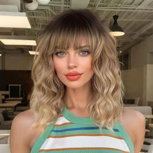 Wigs Human Hair with Bangs Short Wavy Bob for Women Black Mixed Brown Highlights Lightweight Breathable Glueless for Daily Party Cosplay (Ombre Blonde,14 Inch)
