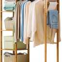 Ufine Bamboo Garment Rack 6 Tier Storage Shelves Clothes Hanging Stand with Side Hooks, Heavy Duty Clothing Rack Portable Wardrobe Closet Organizer