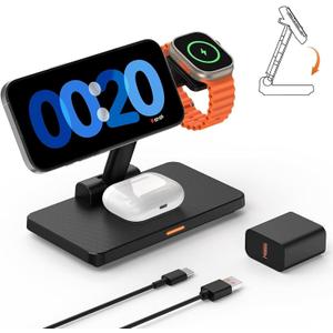Wireless Charging Station for iPhone Mag-Safe: JoyGeek 3-in-1 Foldable Charger Phone Stand Charge for iPhone 16/15/14/13/12 Pro/Max/Plus - for AirPods - for Apple Watch 2-10/Ultra (Carbon Black)