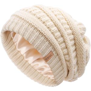 FURTALK Winter Beanie Hat for Women Satin Lined Cable Knit Chunky Slouchy Beanies Skull Warm Cap (One Size, Beige)