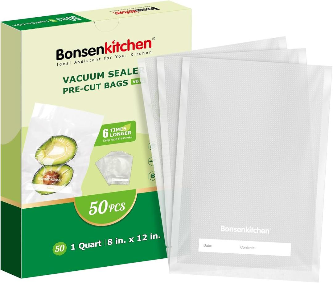 Bonsenkitchen Vacuum Sealer Bags, 50 Quart 8" x 12" Precut Food Sealer Bags, Commercial Grade, BPA Free, Heavy Duty, Customized Size Vacuum Bags for Vac Storage, Meal Prep or Sous Vide Cooking, VB12