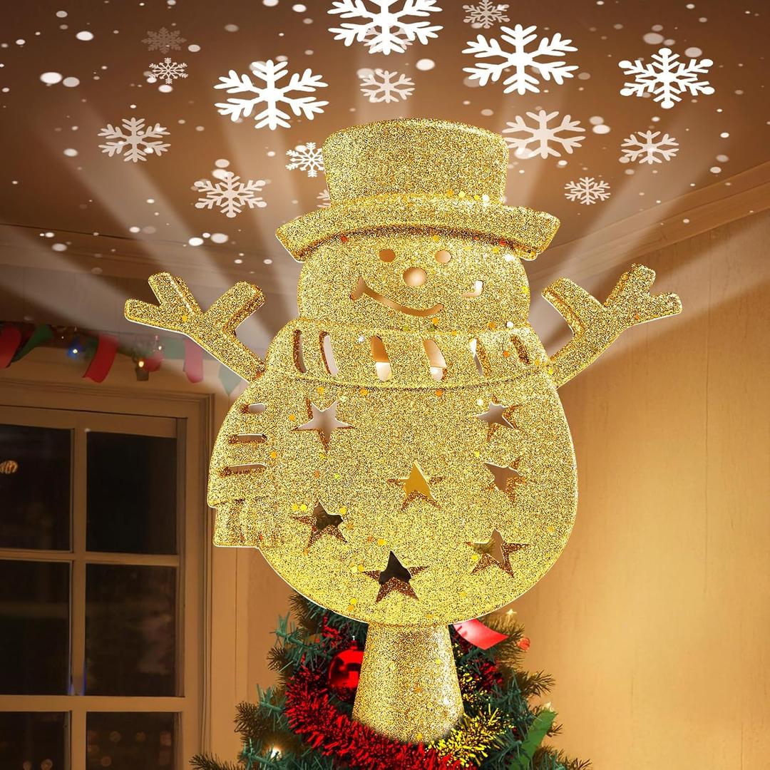 Brightown Christmas Tree Topper with Built-in 3D Glitter Led Snowflake Projector Lights, Gold Snowman Tree Toppers Christmas Decorations Indoor for Xmas New Year Party Holiday (Snowmen)