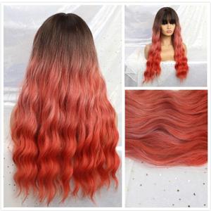 Orange and Pink Long Wig for Women with Bangs Curly Wavy Ombre Blonde 24 Inch Synthetic Natural Hair Wig for Halloween Cosplay Use