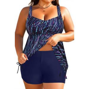 Aqua Eve Women Plus Size Tankini Swimsuit Two Piece Flowy Swimdress Bathing Suits with Shorts (Blue Stripes), 20 Plus