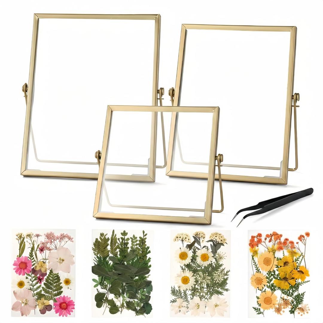 Floating Double Glass Frame Set, Gold Pressed Flower Frame DIY Kit with 68 Dried Flowers & Tweezers, 3 Sizes 6x6 6x8 7x9 for Keepsakes, Wedding Photos & Home Decor