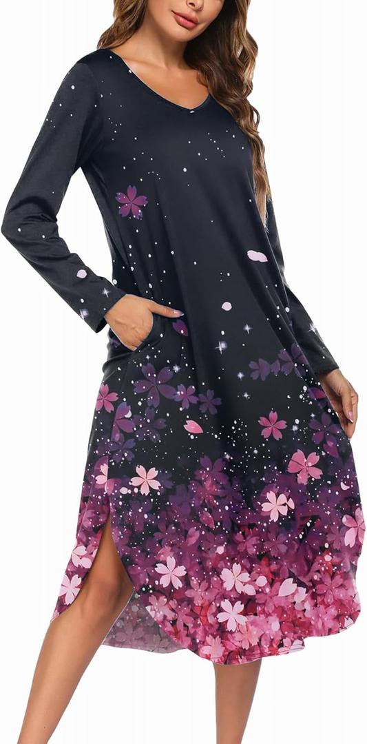 Ekouaer Womens Nightgown V Neck Nightshirts Long Sleeve Sleepwear with Pockets S-4XL (Black, L)