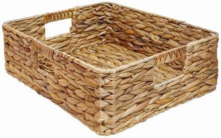 Rectangular Water Hyacinth Storage Baskets, Wicker Storage Baskets for Shelves, Square Shallow Basket, Woven Drawer Basket With Handle, 15.2” L x 12” W x 4.7” H