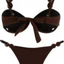 GORGLITTER Women's String Thong Bikini Set High Cut Push Up Triangle Sexy Beaded Swimsuits Bathing Suits (Brown, L)