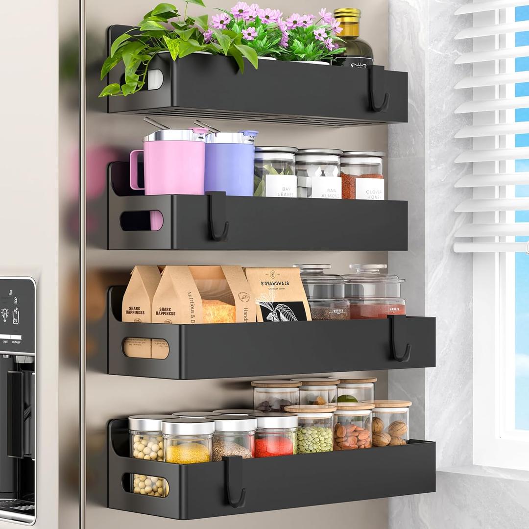 HuggieGems 4 Pack Magnetic Spice Seasoning Rack for Refrigerator, Magnetic Shelf Holder for Fridge with 4 Hooks for Kitchen Organization Storage, Black