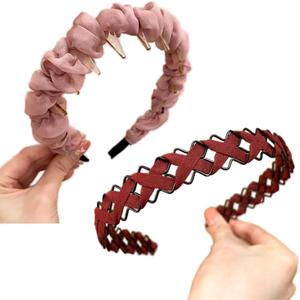 2-in-1 Decorative Hair Clips Non-Slip Grip - Nylon Braid Headbands for Women - Comfortable Accessories for All Types(Wrinkle pink, Metal red)