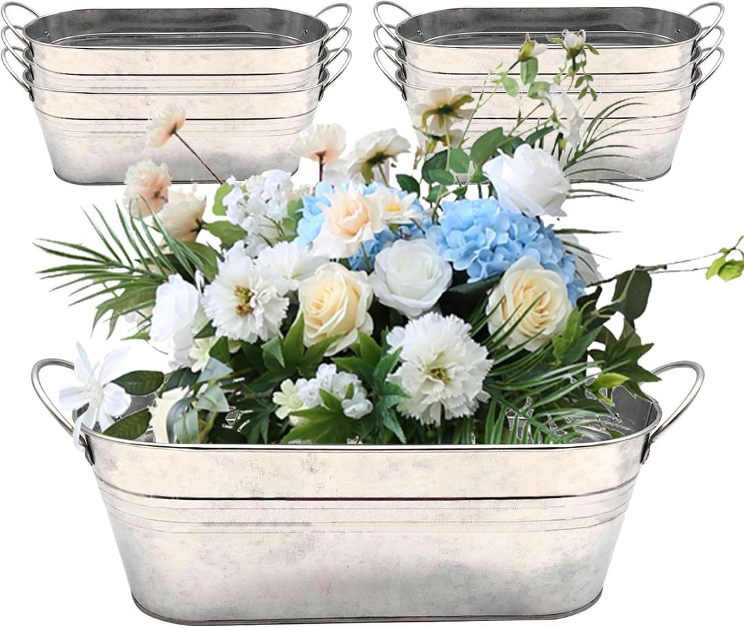Haploon 6Pcs Galvanized Bucket Planter Galvanized Metal Oval Planter with Handles Small Galvanized Oval Planters Tub Decor for IndoorsOutdoors BarWedding and More 11.42 x 3.94 x 2.99 Inch
