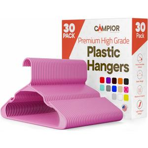 Pink Plastic Hangers 30 Pack Heavy-Duty Plastic Hangers Slim and Space-Saving, Durable and Lightweight PP with Non-Slip Shoulder Notches for Slip Dresses, Suits, Jackets & Camisoles