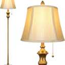 Gold Vintage Floor Lamp for Living Room, Traditional Mid-century Floor Lamp with Elegant Silk Fabric Lampshade, 64inch Tall Standing Lamp Bedroom LED Pole Lamp, Retro Stand Up Lamp for Home Office