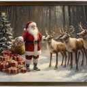 KVTM Christmas Canvas Framed Wall Art, Vintage Santa Claus Pictures Holiday Snowy Forest Painting, Festive Santa and Reindeer Prints Artwork Decor Large Canvas for Living Room Bedroom, 12x16 inches