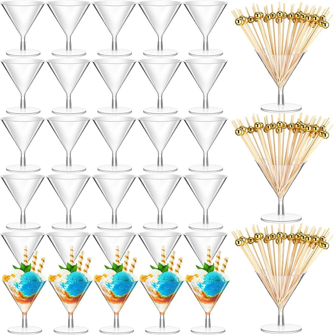Irenare 100 Pcs 2 oz Plastic Martini Glasses and Cocktail Picks Set Disposable Clear Cocktail Dessert Glasses Unbreakable Mini Cups for Wedding Party Wine Appetizers Food