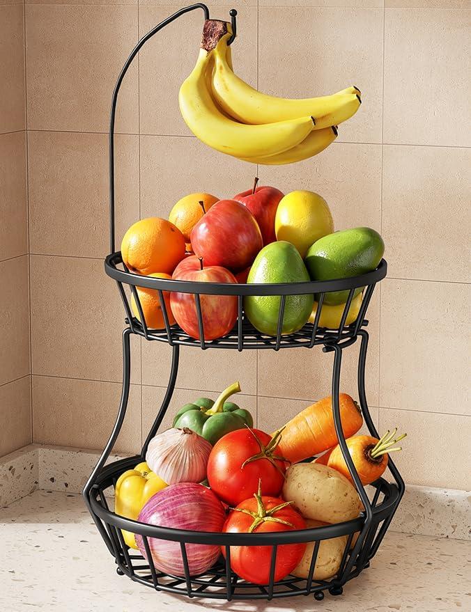 SAYZH 2Tier Fruit Basket Bowl Stackable Vegetable Storage with Banana Tree Hanger Stand for Kitchen Countertop, Metal Wire Basket for Bread Onions Potatoes Black