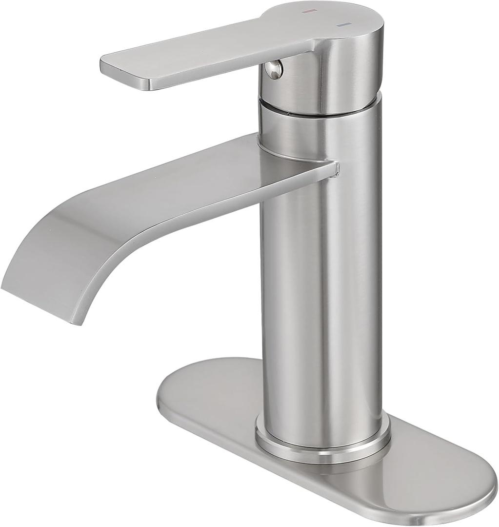 VOTON Brushed Nickel Bathroom Faucets, Single Handle Bathroom Sink Faucet Modern Waterfall Bathroom Faucet 1 or 3 Holes with Deck Plate, Rv Camper Farmhouse Utility Remodel Mixer Tap Washbasin Faucet