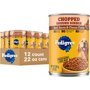 Pedigree Chopped Ground Dinner Adult Canned Soft Wet Dog Food, Beef Bacon & Cheese Flavor, 22 oz. Cans (12 Count, Pack of 1) (EXP 08/13/27)
