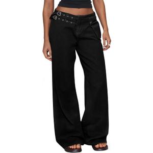 Cicy Bell Womens Low Rise Wide Leg Cargo Jeans with Buckle Detail Multi Pockets 100% Cotton Y2k Baggy Denim Pants (Black, M)