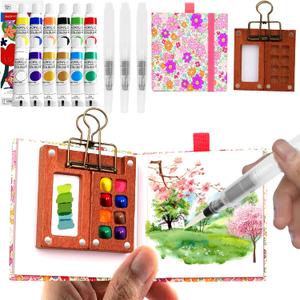 Pocket Wooden Paint Palette with Metal Clip, Water Colour Paints Sets with Sketchbook & Water Pen for Painters,Artists,Beginner (Rose-12 Colors, S-8 Grids)