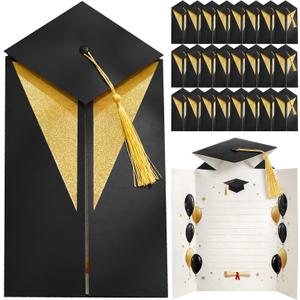 Gersoniel 24 Pcs 3D Graduation Card Bulk Set with Grad Cap Tassel 14.5 x 11 Inches Folding Congrats Cards - Congratulations Gift Card for High School College Nursing Kindergarten Graduates(Red Gold)
