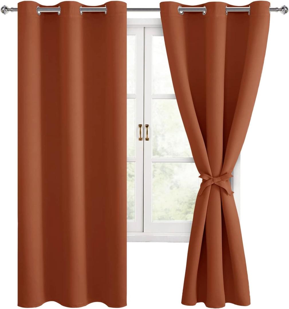 Hiasan Fall Blackout Curtains for Bedroom, 42 x 63 Inches Length - Thermal Insulated & Light Blocking Window Curtains for Living Room Home Decor, 2 Drape Panels Sewn with Tiebacks, Burnt Ochre