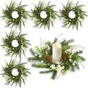 6 Pcs Christmas Candle Rings Winter Small Christmas Wreath Small Artificial Norfolk Pine Wreath with White Berries and Pine Cones for Xmas Holiday Decoration