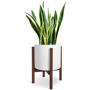 10 Inch Matte White Ceramic Flower Pot with Solid Wood Stand, Straight Cylinder Planter with Drainage Hole - Handmade Modern Minimalist Design for Indoor/Outdoor Plants, Succulents, Herbs, Home Decor