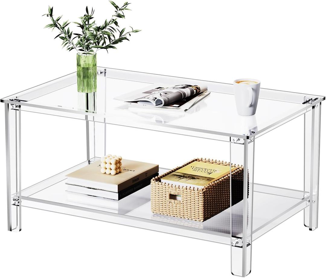 Acrylic Coffee Table with Storage Shelf,Rectangle Living Room 2-Tier Center Table for Small Spaces (Rectangle, Clear, Nomal)