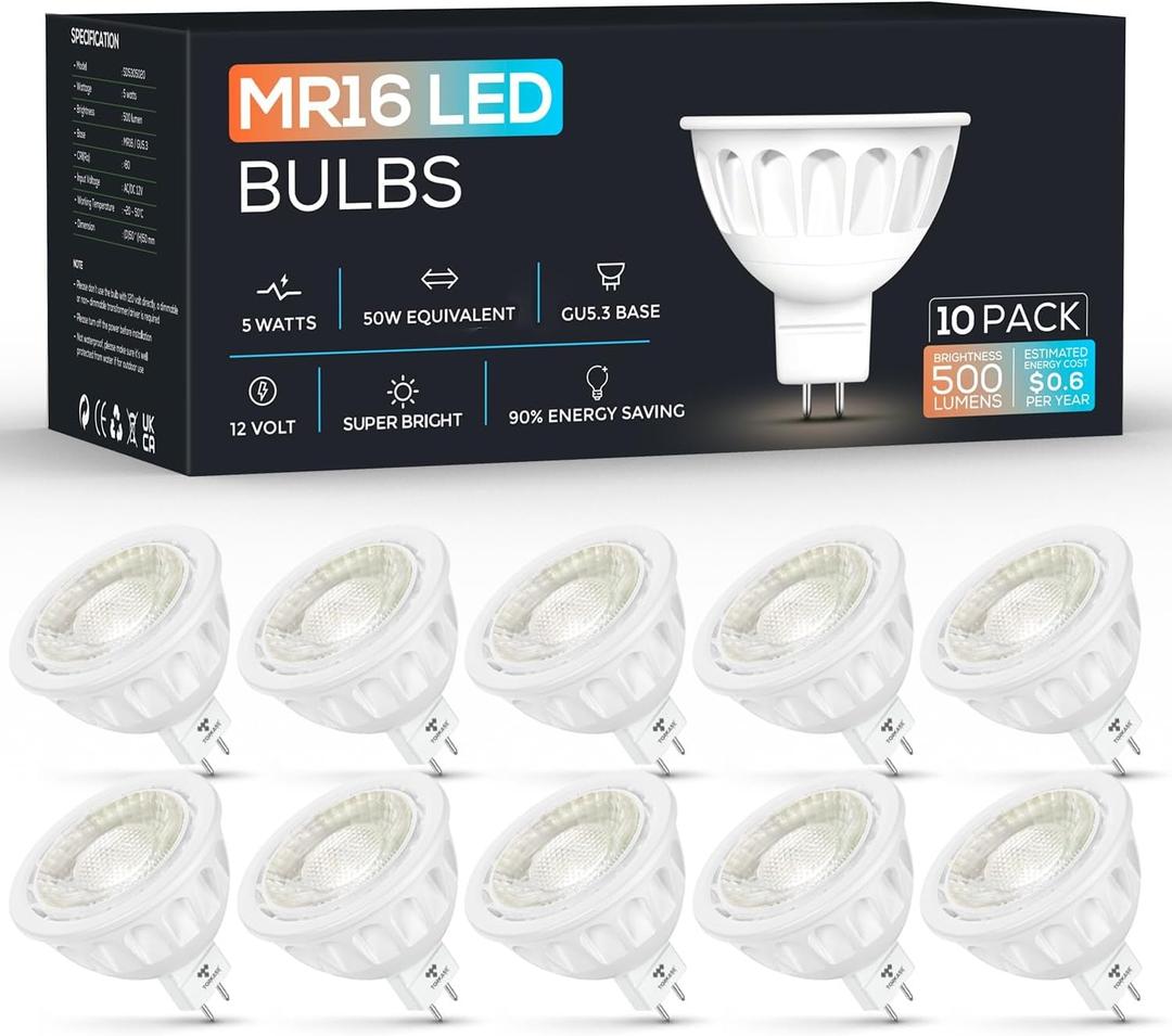 Torkase MR16 LED Bulb Dimmable,GU5.3 Bi-Pin Base MR16 LED Bulbs,5W(50W Equivalent),Outdoor Landscape 12V Low Voltage Light Bulbs,3000K Soft Warm White Recessed Tracking Spot Lights,UL Listed-10Pack